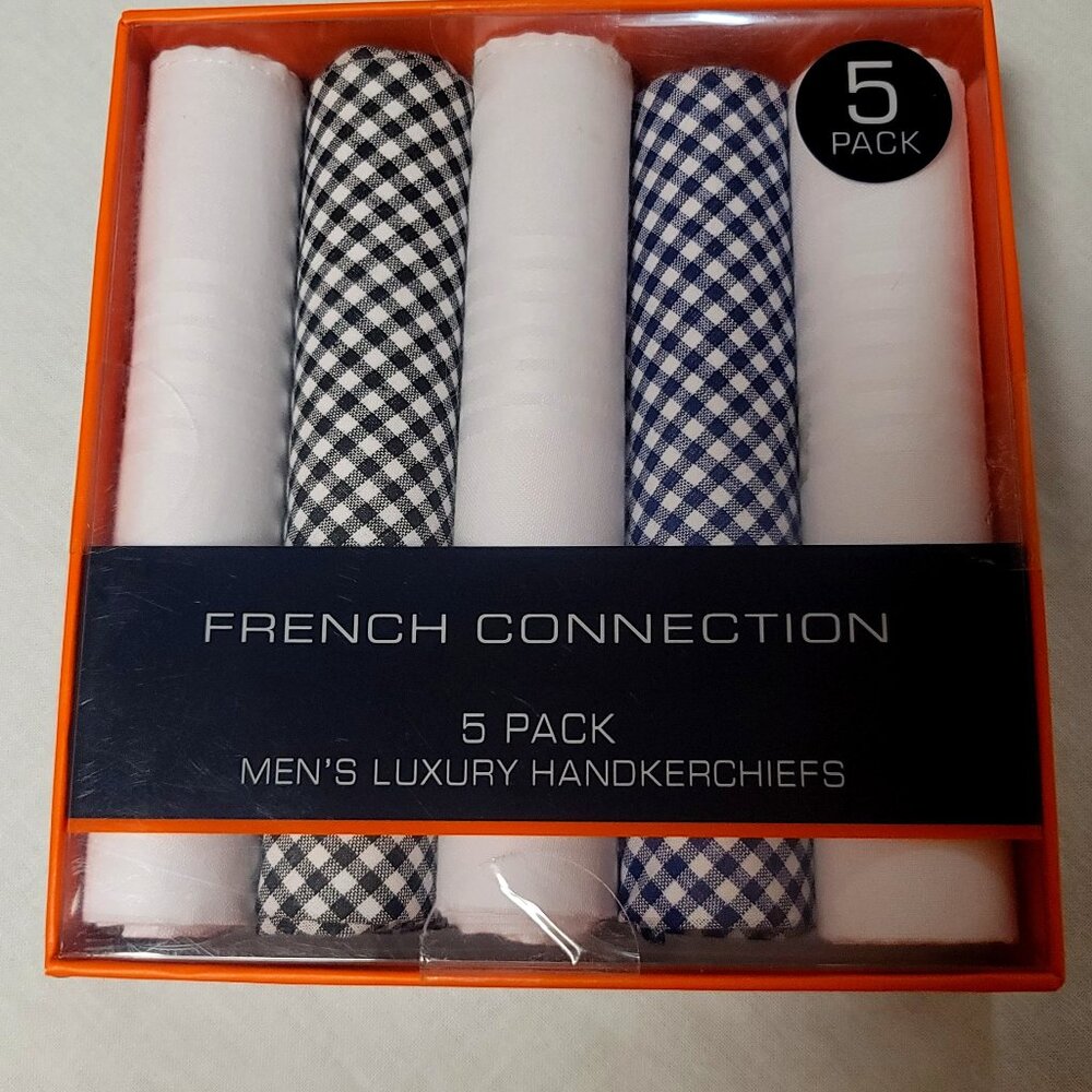 French Connection Luxury Handkerchiefs Men Dark Light Blue White 5 Pack See pics